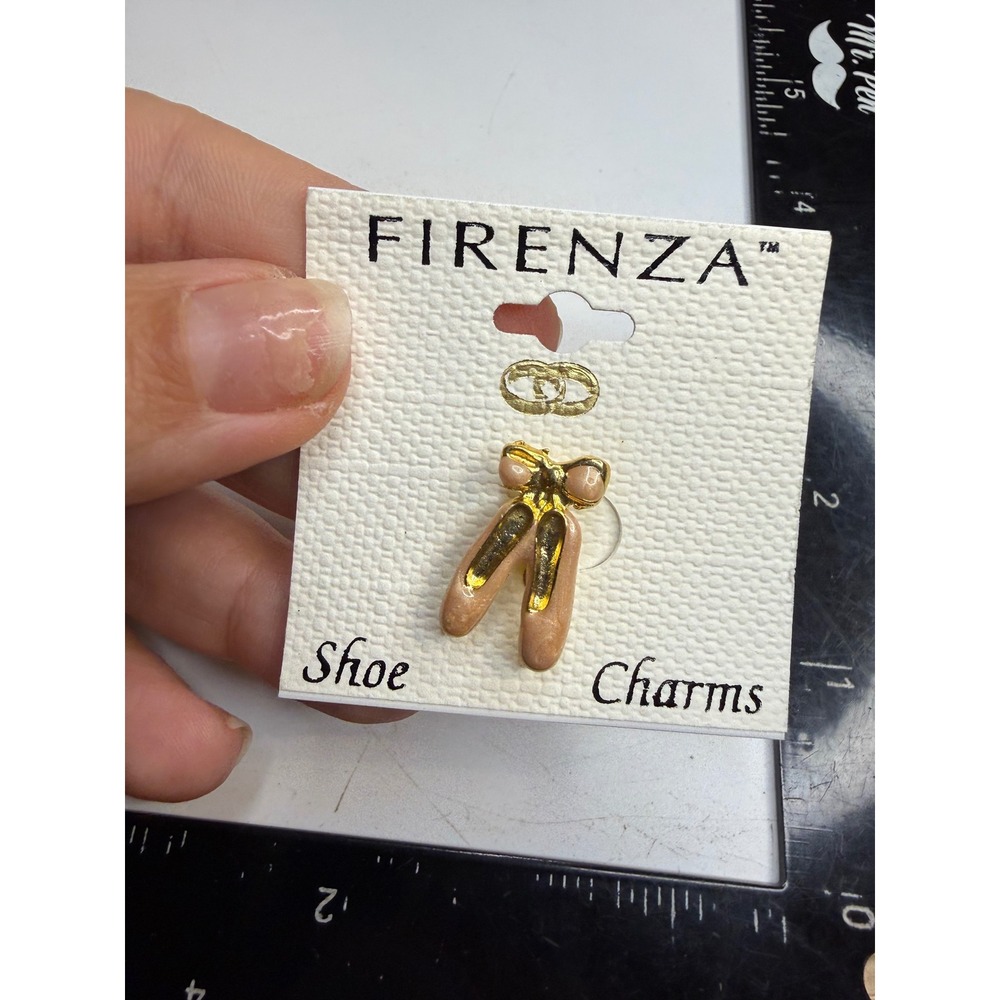 Firenza Pink Enamel Ballet Pointe Shoe Charm Gold Tone Bow Lace Accessory